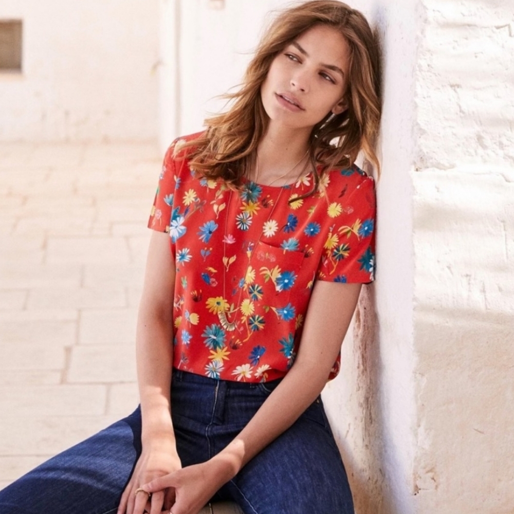 Sezane Red Floral Short-Sleeve Blouse